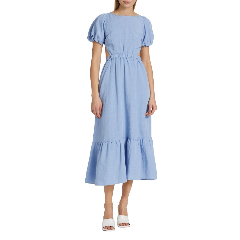 NEW ASTR the Label Light Blue Jelena Puff Sleeve Back Cutout Midi Dress XS - Picture 5 of 8
